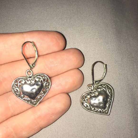 Heart Shaped Sterling Silver Dangle Earrings - Picture 2 of 2